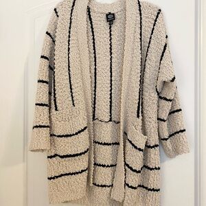 bobeau Ivory Bouclé Open-Front Cardigan with Black Stripes